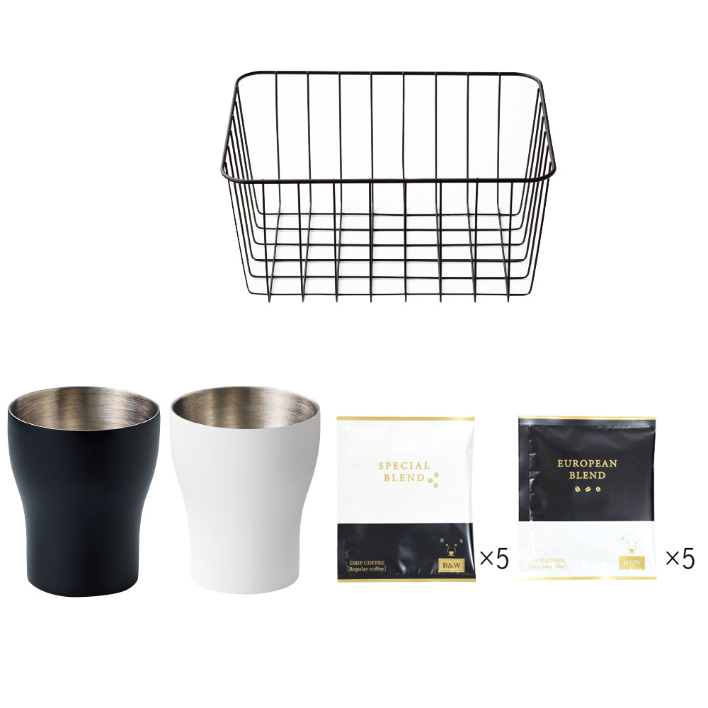 B&W カゴ入り二重構造カップ2P＆コーヒーセット